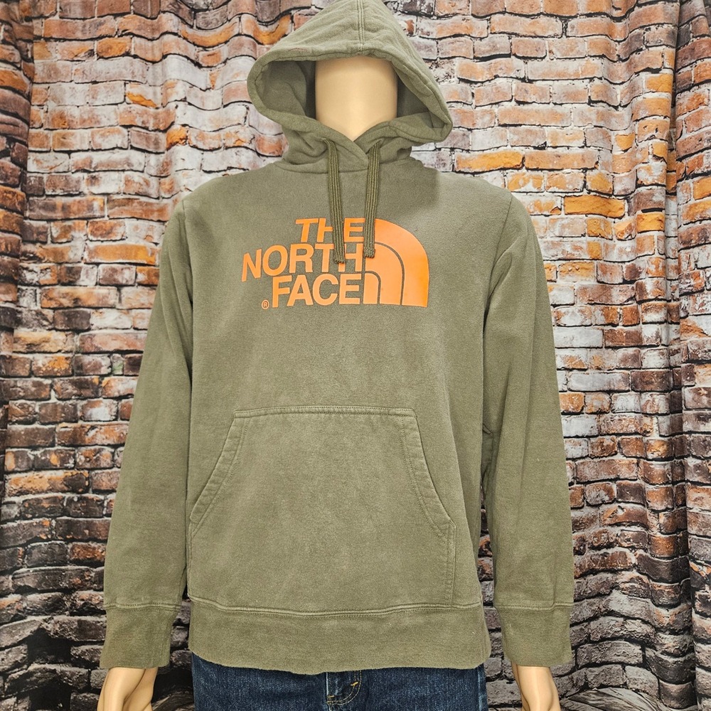 The North Face Mens Pullover Hoodie Large Olive Green Orange Logo F13 B5Q